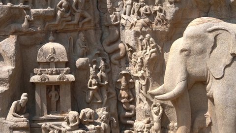 Descent of the ganges, Bas relief sculptures in Mahabalipuram, Tamilnadu. Historic rock relief carving of Hindu God, Human beings and Animal sculptures in monolithic granite stone panel in cave temple