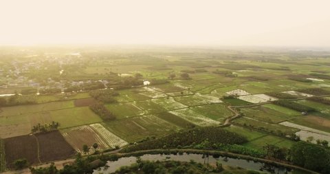 Aerial shot of Indian village with farmland , greenery landscape Thirunalveli, Tamilnadu.