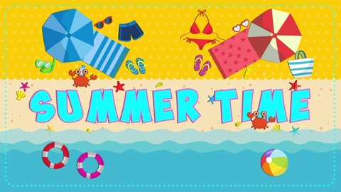 summer time animation background,beach with sunbath objects and crabs moving,starfish,sand,seashell, sunscreen,beach mat,beach towel,umbrella,ball,sunglasses, swim shorts,Bikini