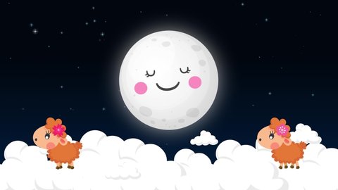 sheep counting loop animation background, moon and stars,clouds and night sky