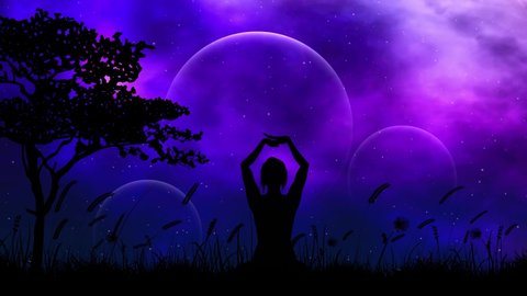Woman meditating in a natural landscape with space background,Meditation, yoga concept,grass and tree,starry night  sky
