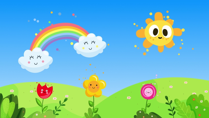 cute spring landscape animation,sun and rainbow and colorful flowers,hills with blue sky,happy sun and clouds Royalty-Free Stock Footage #1072731476