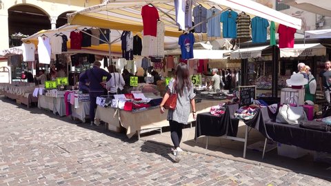 BASSANO DEL GRAPPA, ITALY - APRIL 20 2018: Market on Garibaldi Square in Bassano del Grappa, Vicenza province of region of Veneto, in northern Italy.