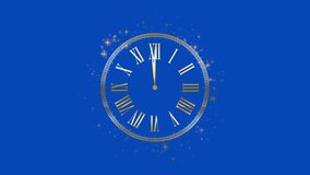 golden vintage watch animation footage, one minute time animated, golden shiny stars with glowing effect on a blue screen background