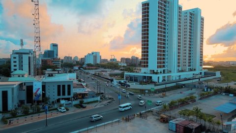 Victoria Island, Lagos - Nigeria - 10 May 2021: Cityscape of bResisdential buildings, Helipad, and major roads during sunrise.