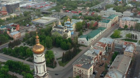 Pokrovsky Cathedral of the Ukrainian Orthodox Church 1659 - drone establishing shot. Ancient Church with domes: May 17, 2020 - Kharkiv, Ukraine.