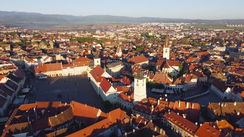 Sibiu, Romania. Aerial view sunrise with Saxon oldtown of Sibiu in Transylvania, Eastern Europe.