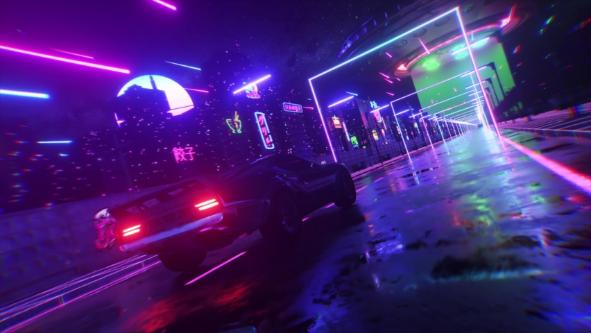 Car and city in neon style. 80s retro wave background 3d animation. Retro futuristic car drive through neon city. 3d animation of seamless loop | Shutterstock HD Video #1072757450