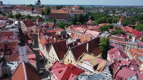 Tallinn ,Estonia,Baltics.Beautiful panoramic aerial 4K video from flying drone to Tallinn's medieval old town on a sunny summer day. (Series)