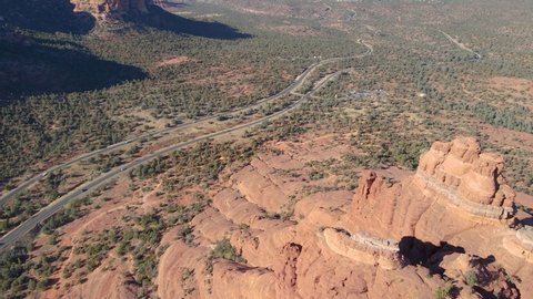 Aerial view red rock summit of Bell Rock and highway In Arizona, USA