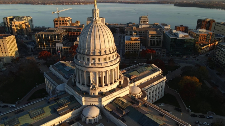 golden hour madison state capitol architecture city in wisconsin aerial footage