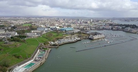 Slow rotating drone shot over Plymouth, England