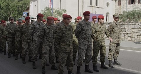 KNIN, CROATIA - June 13, 2014: Croatian soldiers at the celebration of St. Anthony, lined up next to the church of St. Anthony.