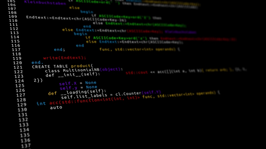 Programming code running down a computer screen terminal Loop Animation. Developer is browsing html code computer screen. HTML Web Page Code Scrolling. Digital Hacker Program Coding Cyber Screen
