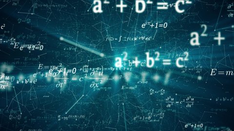 Complicated mathematical formulas flying at screen over astrology background