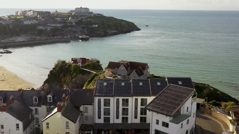 Newquay, Cornwall UK, England - 4k Aerial Video of Little Fistral, Fistral Bay Beach, harbour and marina