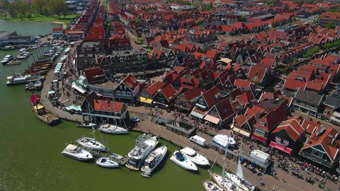 Aerial view of the harbour of Volendam, Holland, The Netherlands, Europe Touristic former fishing village.