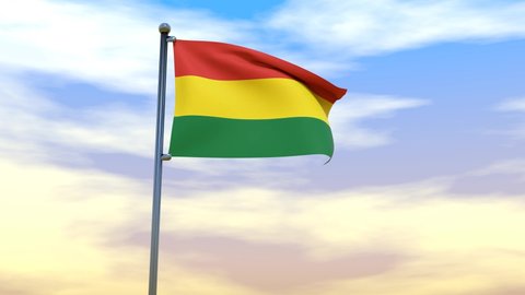Waving flag of Bolivia with chrome flag pole in high cloudy sky in the wind. High resolution flag with clarity natural background, 3D illustration