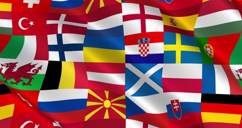 Banner with the flags of the countries participating in the European Football Championship 2020. Cloth flutters in the wind. Loop animation, 3D render, 60fps. High quality slowdown by 2 times at 30fps