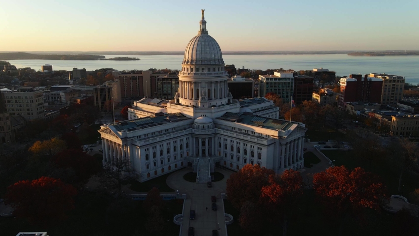 aerial footage of madison city in wisconsin state capitol