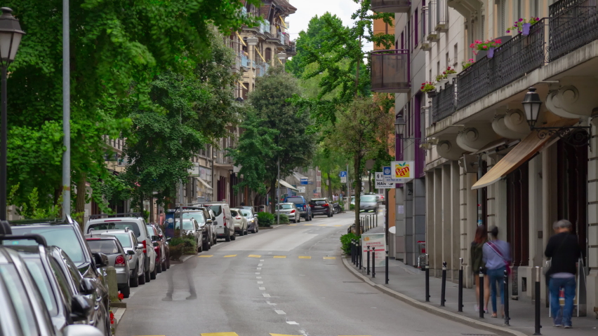 montreux city center sunny day traffic street panorama 4k timelapse switzerland
