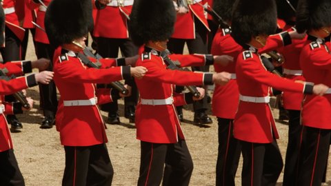 LONDON, circa 2019 - The Grenadier guards march in tight formation during the Trooping the Colour parade to mark the birthday of the Queen of England