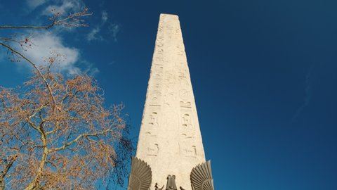 Wide view of the Cleopatra's Needle obelisk in Westminster, London. It was presented to the UK in in 1819 by the ruler of Egypt
