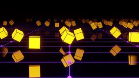Bright yellow glowing cubes floating smoothly above the plane. VJ LOOP animation for your beautiful videos. I wish you successful creativity!