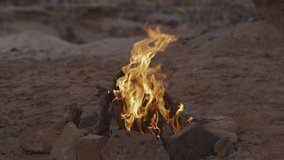 Close up of campfire burning in desert . Moab, Utah, United States