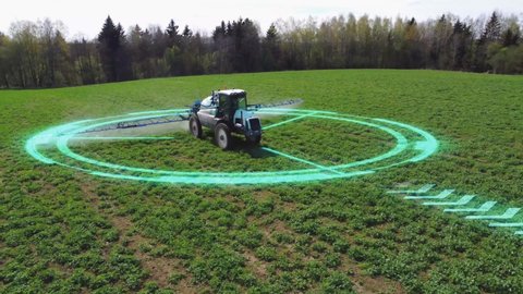 Electric autonomous tractor spraying mineral, nitrogen fertilizer or pesticides on an agricultural field. View from drone, tracking GPS system, HUD elements, animation with digital overlays.