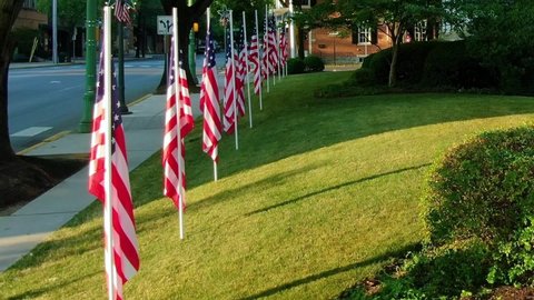 Lititz , Pennsylvania , United States - 07 04 2020: Row of American flags on the lawn near the sidewalk in Lititz on independence day. Dolly shot