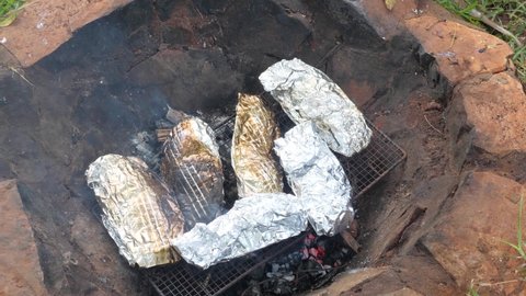 Cooking tilapia fish wrapped in foil over hot coals on a fire.