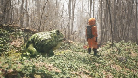 A terrible huge frog grown on pesticides attacks a defenseless biologist studying the forest. Attack of a terrible mutant. The animation is for fantasy, apocalyptic or environment backgrounds.