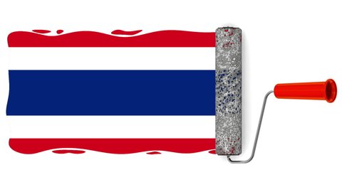 A paint roller is drawing the flag of Thailand. One paint roller is painting the flag of the Kingdom of Thailand on a white surface. Isolated. Footage video