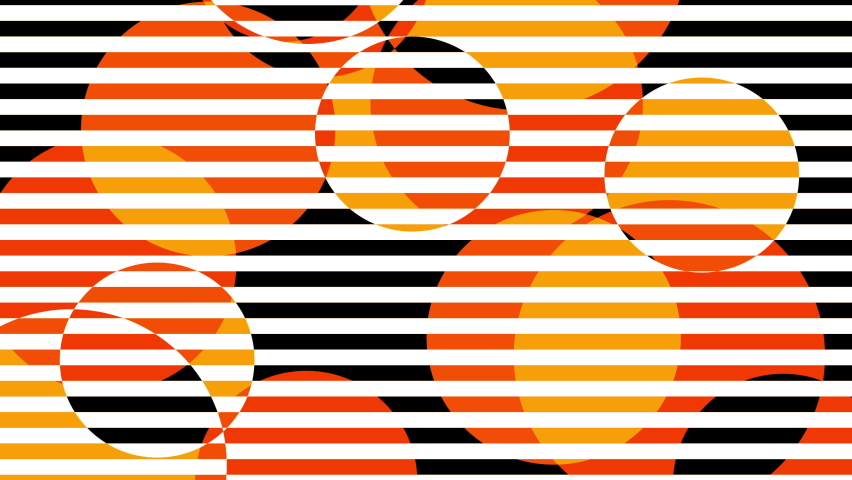 Colored circles. Black and white lines. Seamless looping animation footage. Muiticolor optical illusion. Psychedelic hypnotic transformation. Op Art. Blending colors. Red, orange, yellow. 4K