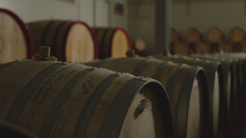 Aged wooden barrels with a wine , brandy or whiskey in a big warehouse . Dolly , gimbal movement a long row of wine barrels at a vintage winery with alcohol . Wine preparation and fermenting process | Shutterstock HD Video #1072842713