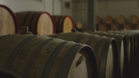 Aged wooden barrels with a wine , brandy or whiskey in a big warehouse . Dolly , gimbal movement a long row of wine barrels at a vintage winery with alcohol . Wine preparation and fermenting process