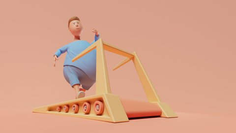 A young man is running on a treadmill practicing intense cardio workout session with drastically speed increment. Funny fitness-themed 3D character animation.