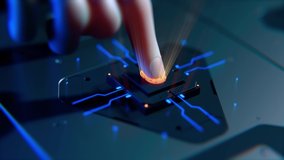 Human Finger Turns on Touch Futuristic Screen Button. 3d rendering - Powered by Shutterstock - Get 15% off with code: PIKWIZARD15