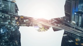 Double exposure of businessperson shaking hand and modern cityscape. - Powered by Shutterstock - Get 15% off with code: PIKWIZARD15