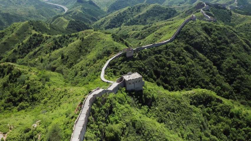 Drone point of view aerial footage of the Jinshangling section of the famous international landmark of Great Wall of China, Luanping County, Hebei province, China
