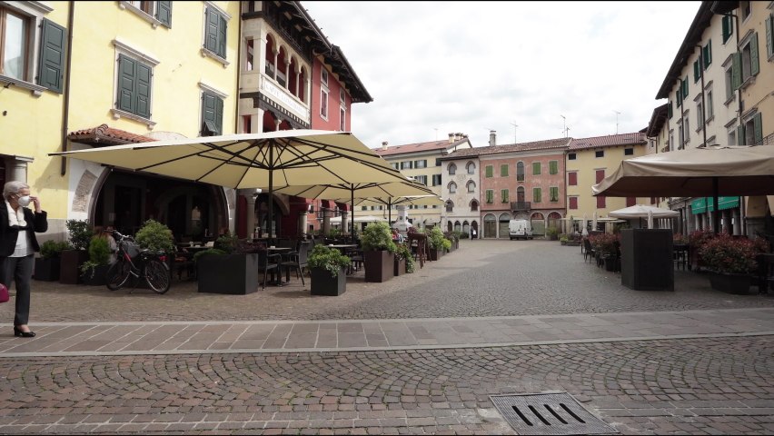 Cividale del Friuli, Italy. May 5, 2021.  panoramic view of Piazza Paolo Diacono with the fountain in the center