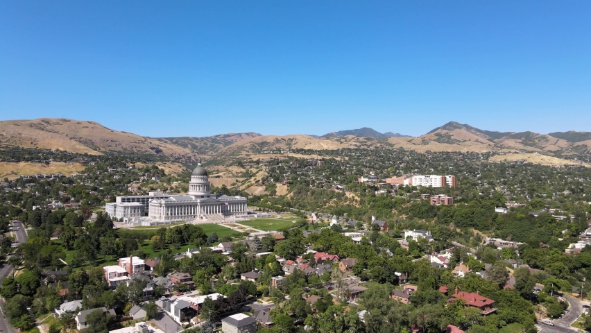 Utah State Capitol Building Summer Drone Shot Mountains