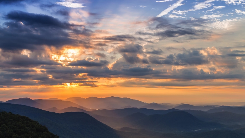 Sunrise time lapse of clouds over Blue Ridge Mountains in North Carolina