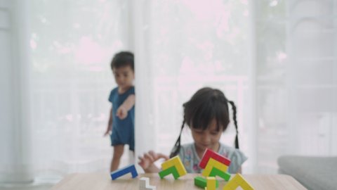 Asian little toddler boy is disturb sister while she is playing the wooden blocks in the living room and the girl trying to hug and hold the brother from there without fighting or crying.