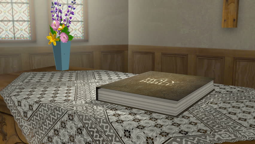 Bible Opening with Verse Reveal – Insert a verse or Scripture into this 3D animation of a bible opening up on a table in a church. Alternate version available (see my portfolio).