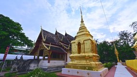 4K Video of Old Thai Style Church and Ancient Pagoda in Wat Phra Sing, Chiang Mai Province.