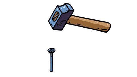 Cartoon steel hammer hitting nail. Tool. Metaphor good for work, building, business, sociology, etc...