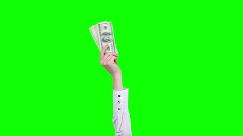 money, cash. Gif animation. close-up. female hand, in white blouse, holds hundred dollar bills bundle, waves it. isolated on green background. looping seamless pattern. animation