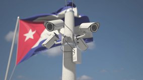 Waving flag of Cuba and the security cameras on the pole. looping 3d animation